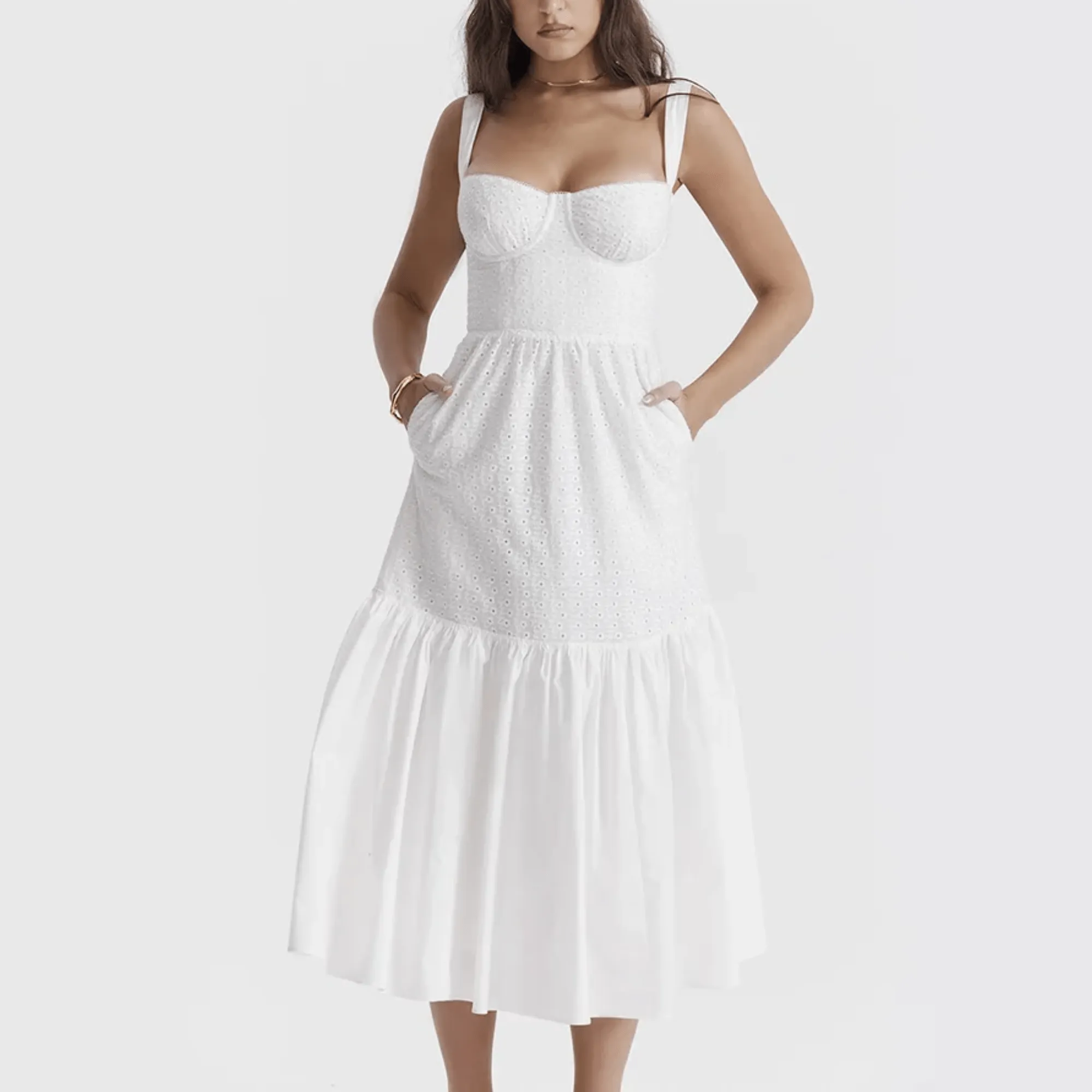 Amoura - White Midi Embroidery Summer Dress