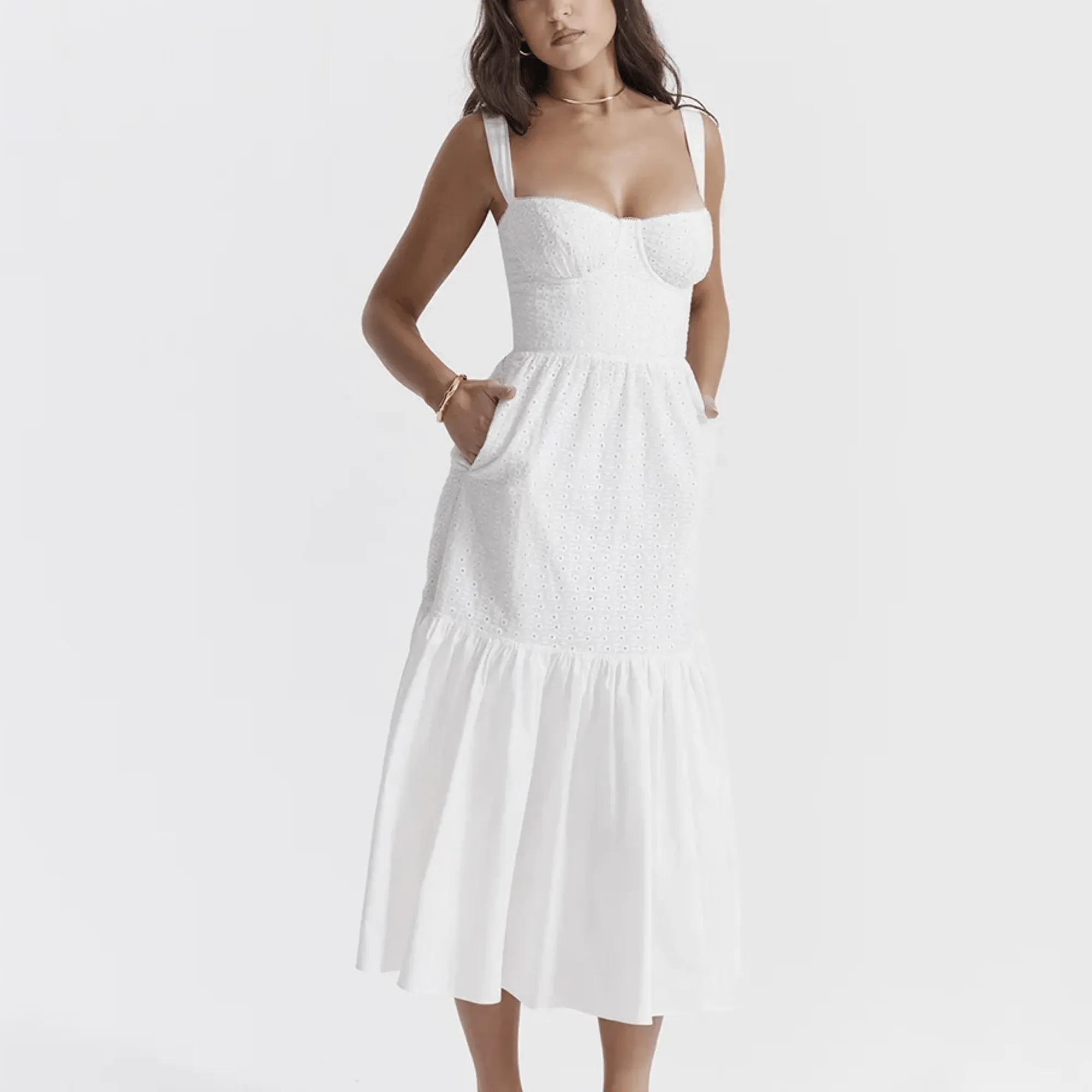 Amoura - White Midi Embroidery Summer Dress