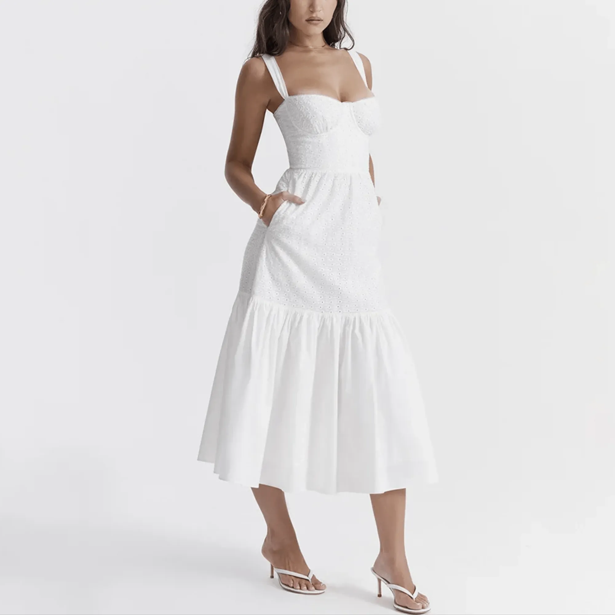 Amoura - White Midi Embroidery Summer Dress