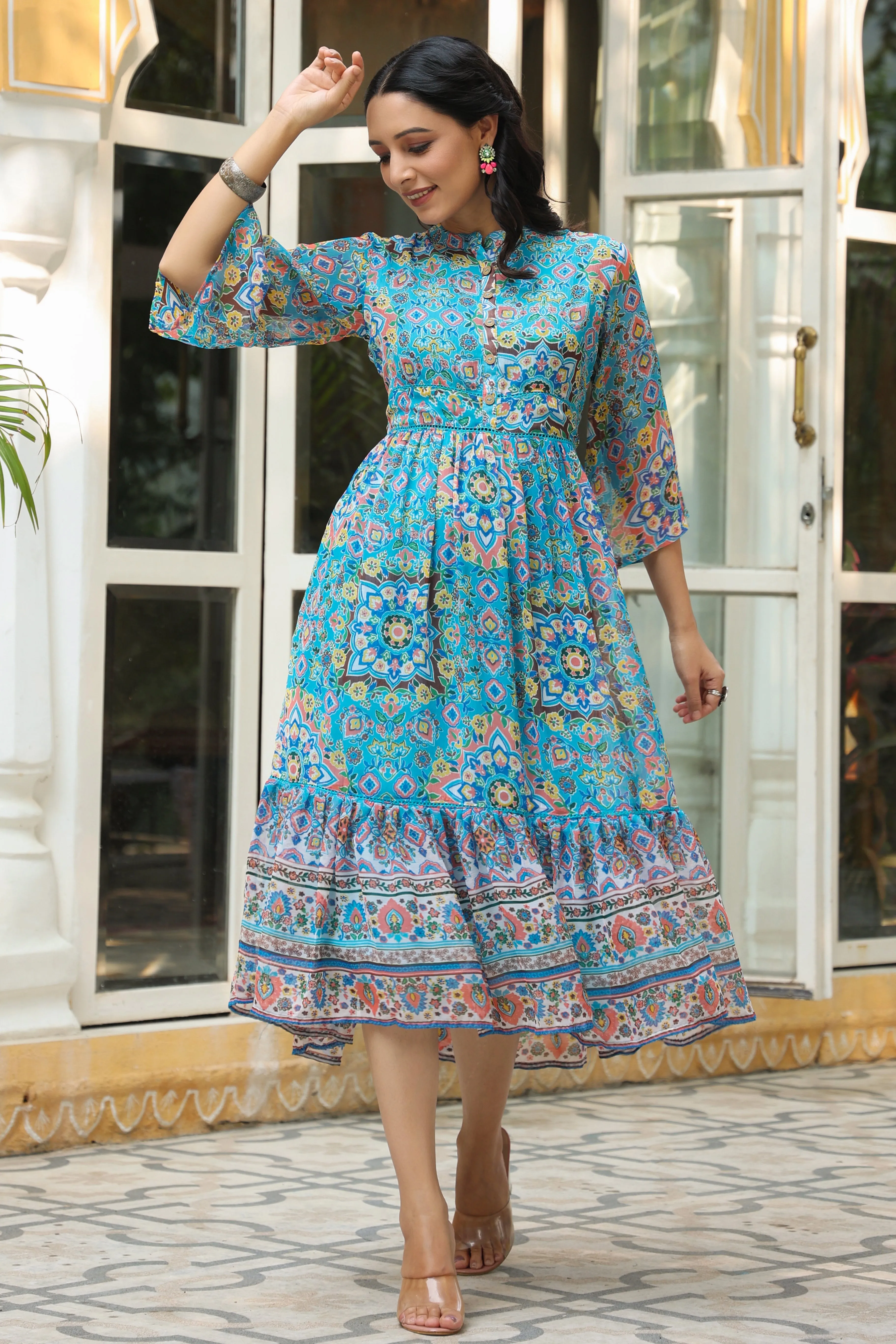 Aqua Blue Geometric Printed Chiffon Tiered Maxi Dress With Buttons.-2535AAQUA