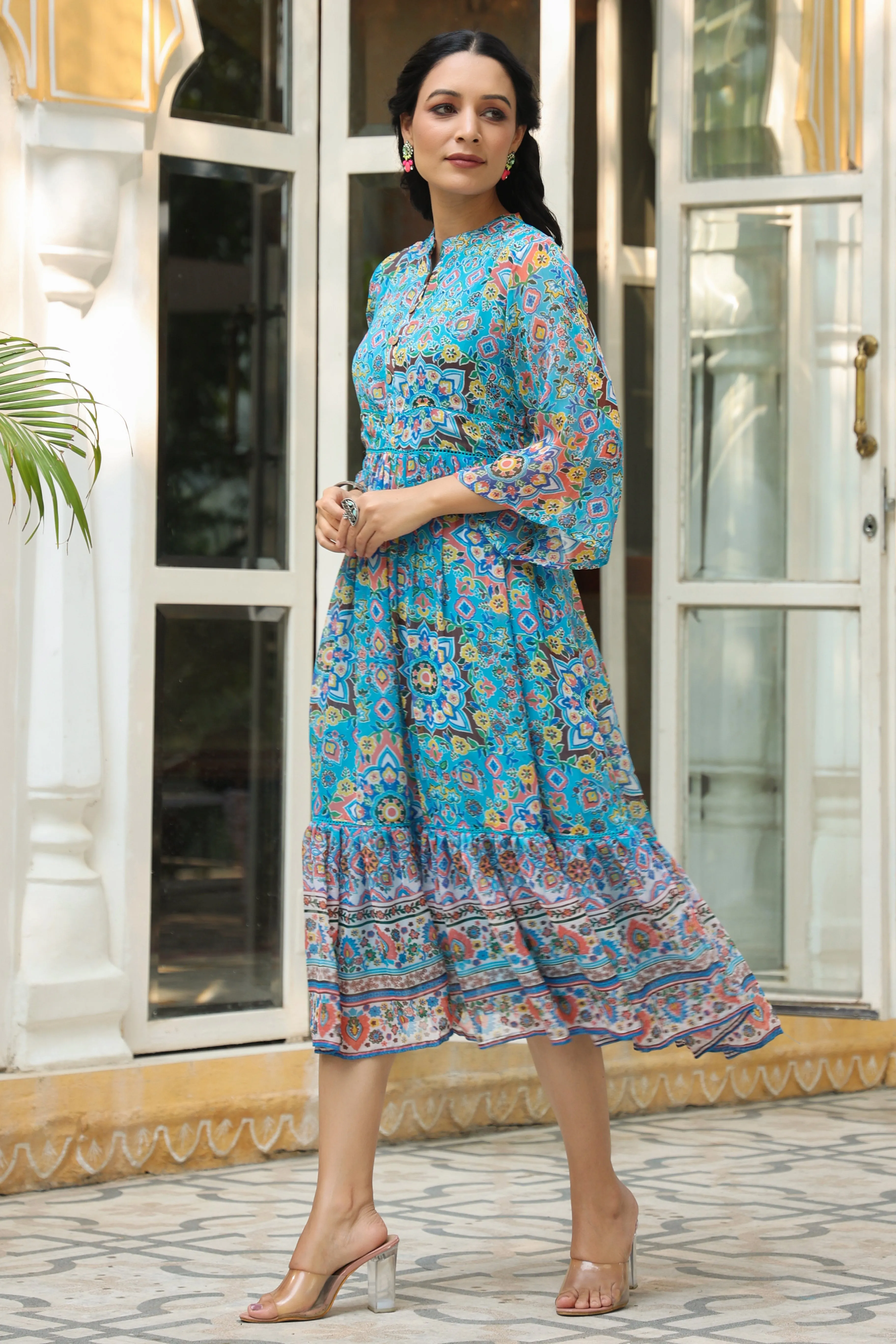 Aqua Blue Geometric Printed Chiffon Tiered Maxi Dress With Buttons.-2535AAQUA
