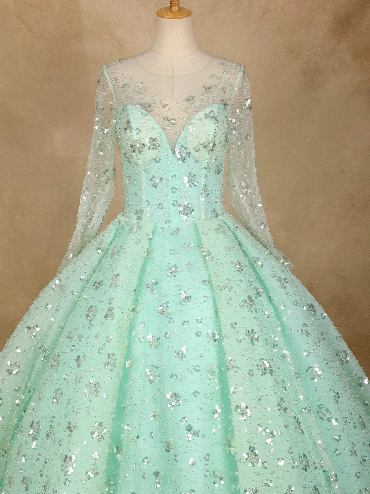 Aqua Green Floral Sequin Embroidered Bridal Reception Net Ball Gown