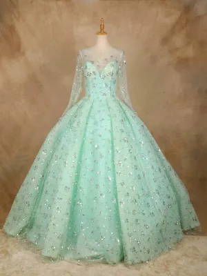 Aqua Green Floral Sequin Embroidered Bridal Reception Net Ball Gown