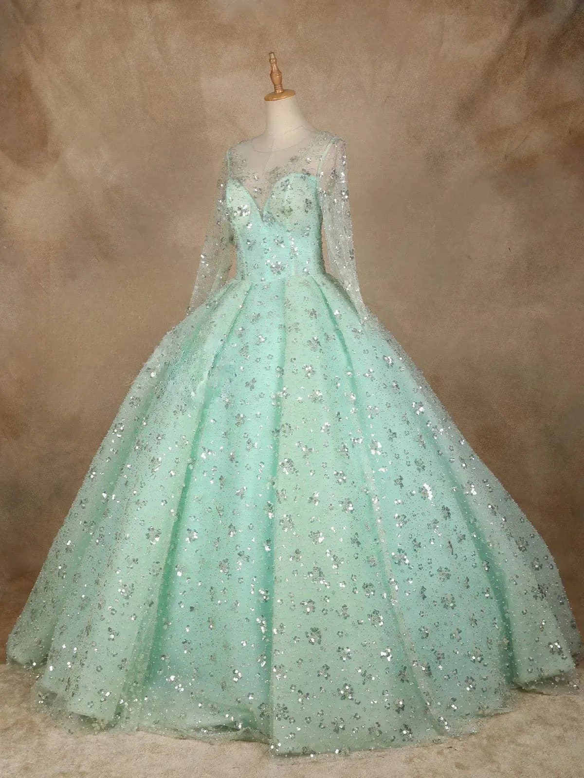 Aqua Green Floral Sequin Embroidered Bridal Reception Net Ball Gown