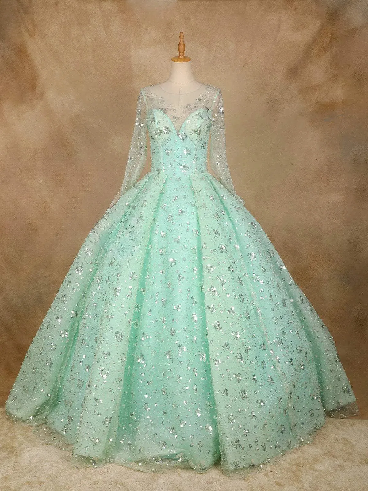 Aqua Green Floral Sequin Embroidered Bridal Reception Net Ball Gown