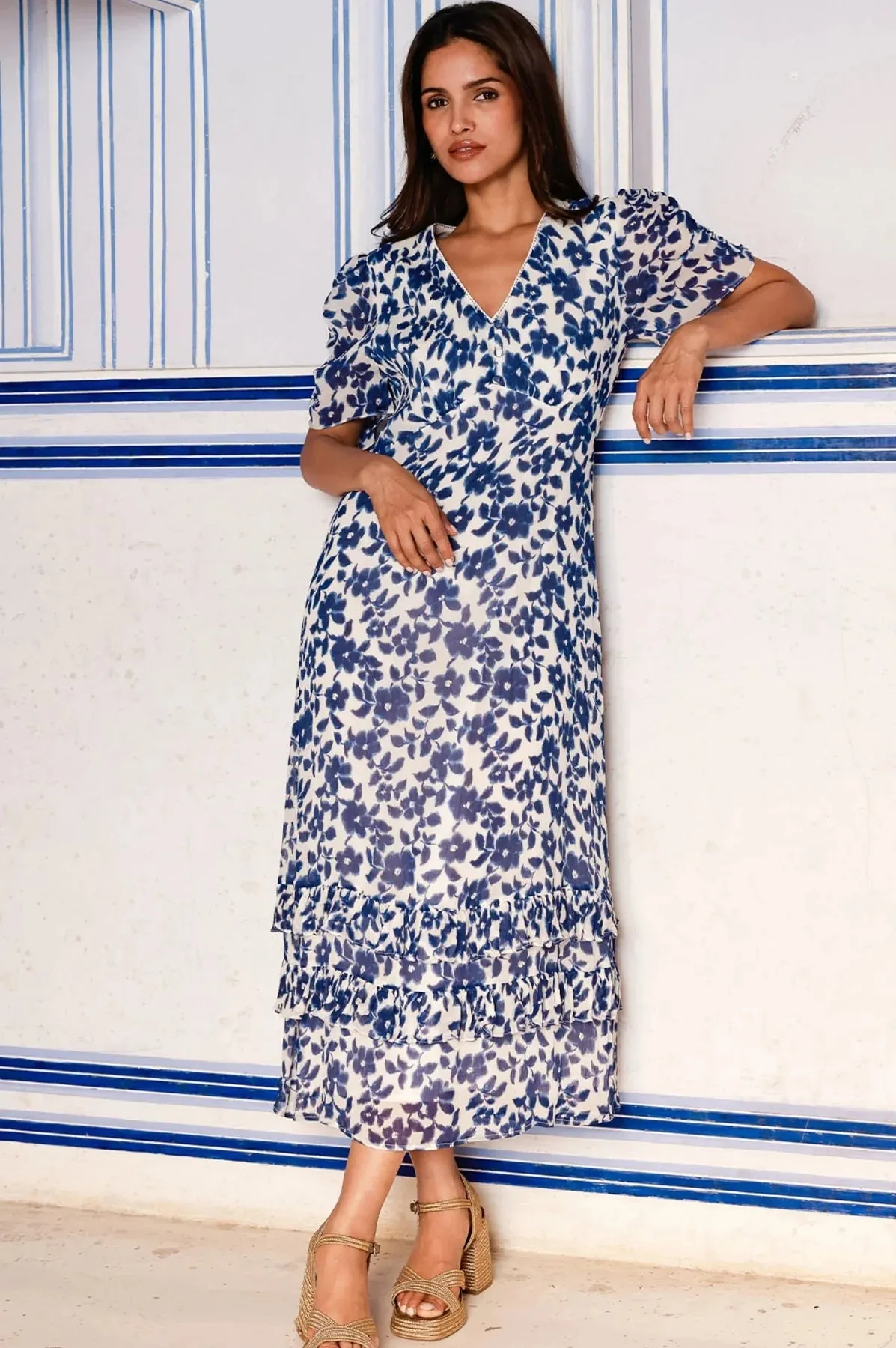 Aspiga Ellery Blue/White Blossom Print Midi Dress