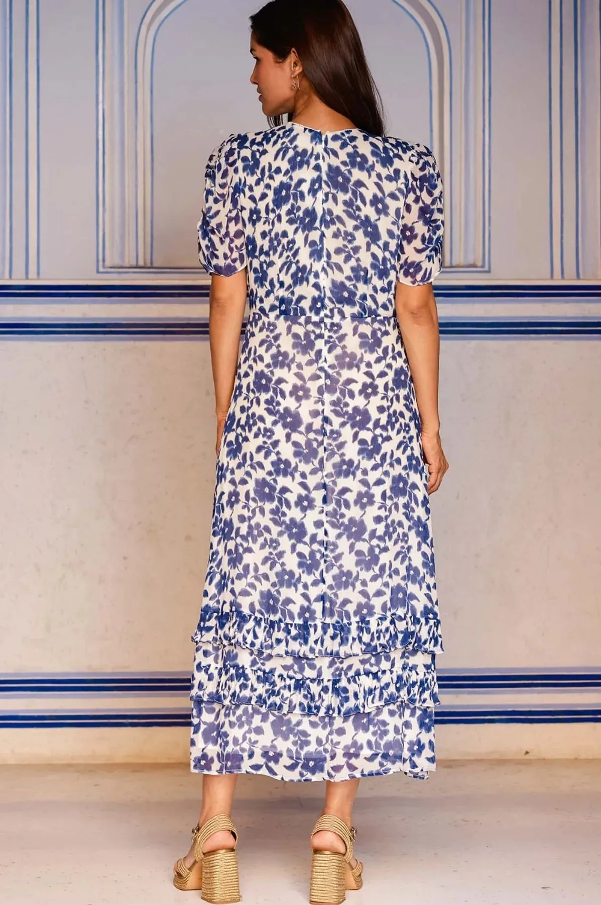 Aspiga Ellery Blue/White Blossom Print Midi Dress