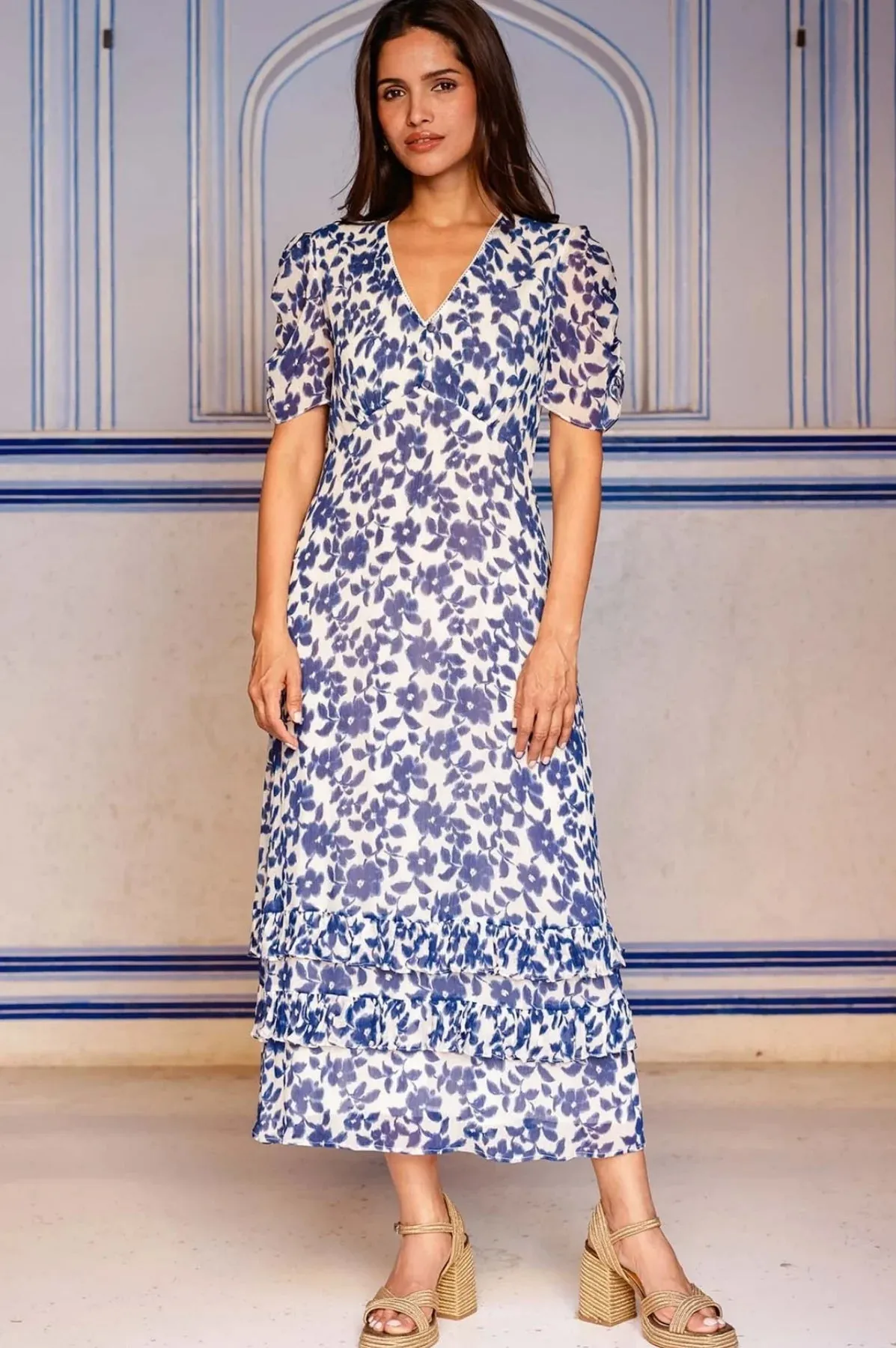 Aspiga Ellery Blue/White Blossom Print Midi Dress