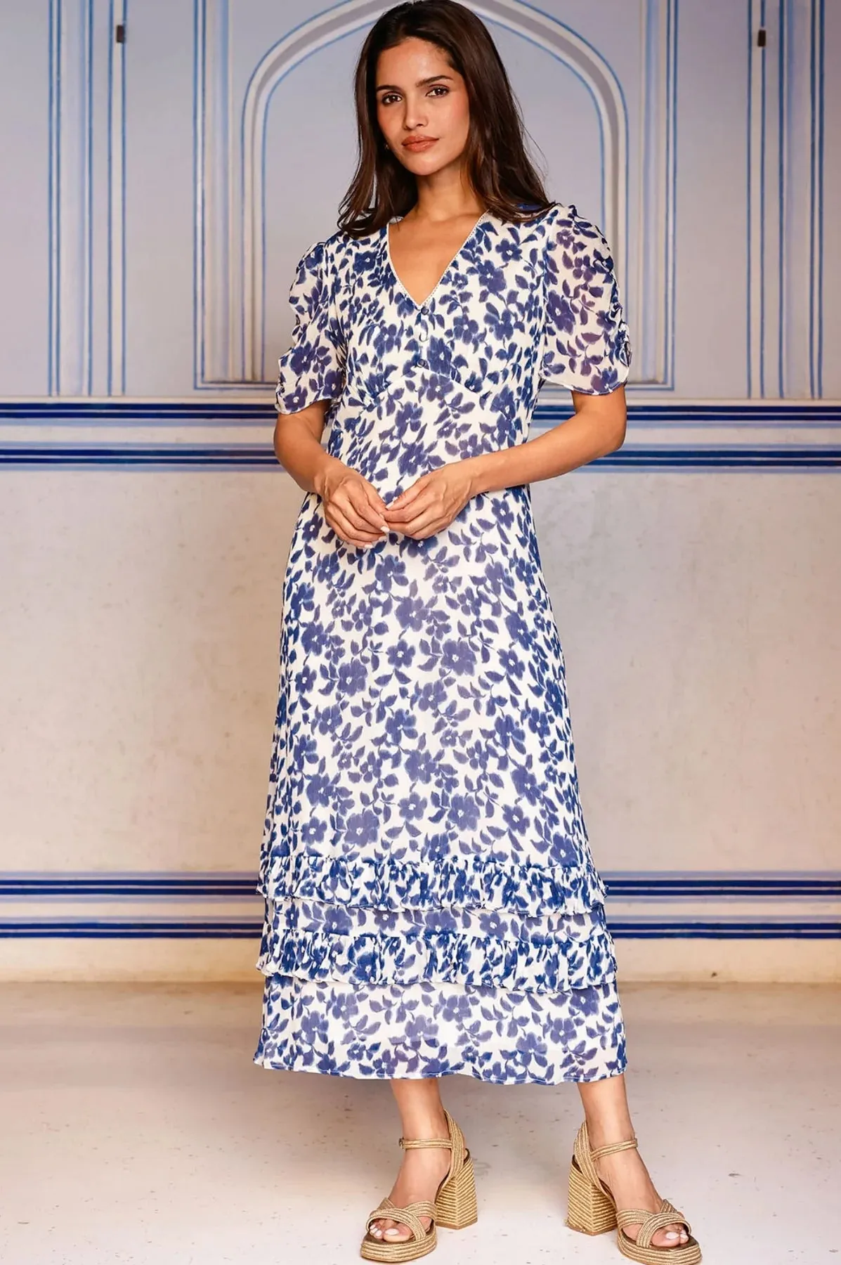Aspiga Ellery Blue/White Blossom Print Midi Dress