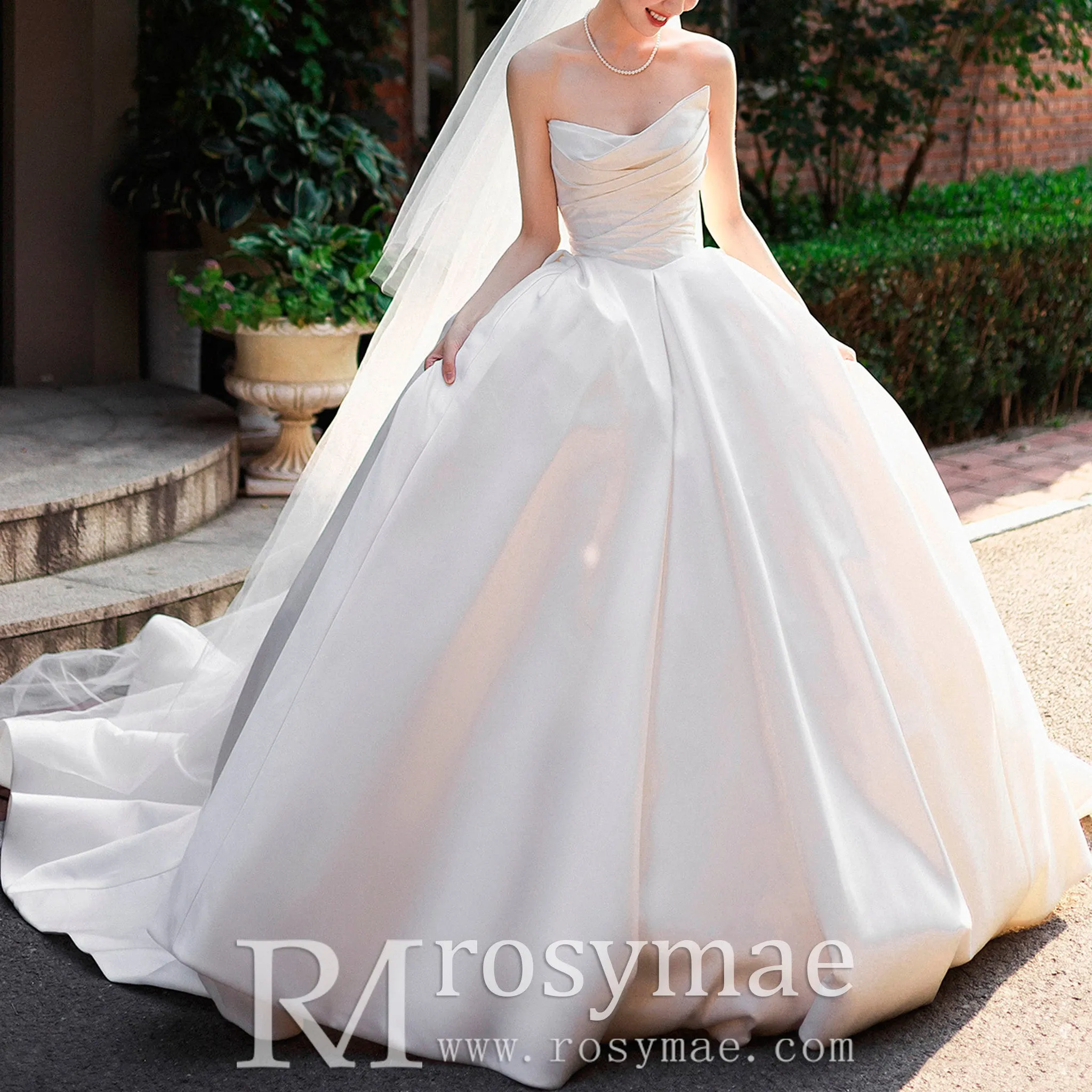 Asymmetrical Ball Gown Satin Wedding Dress with Ruched