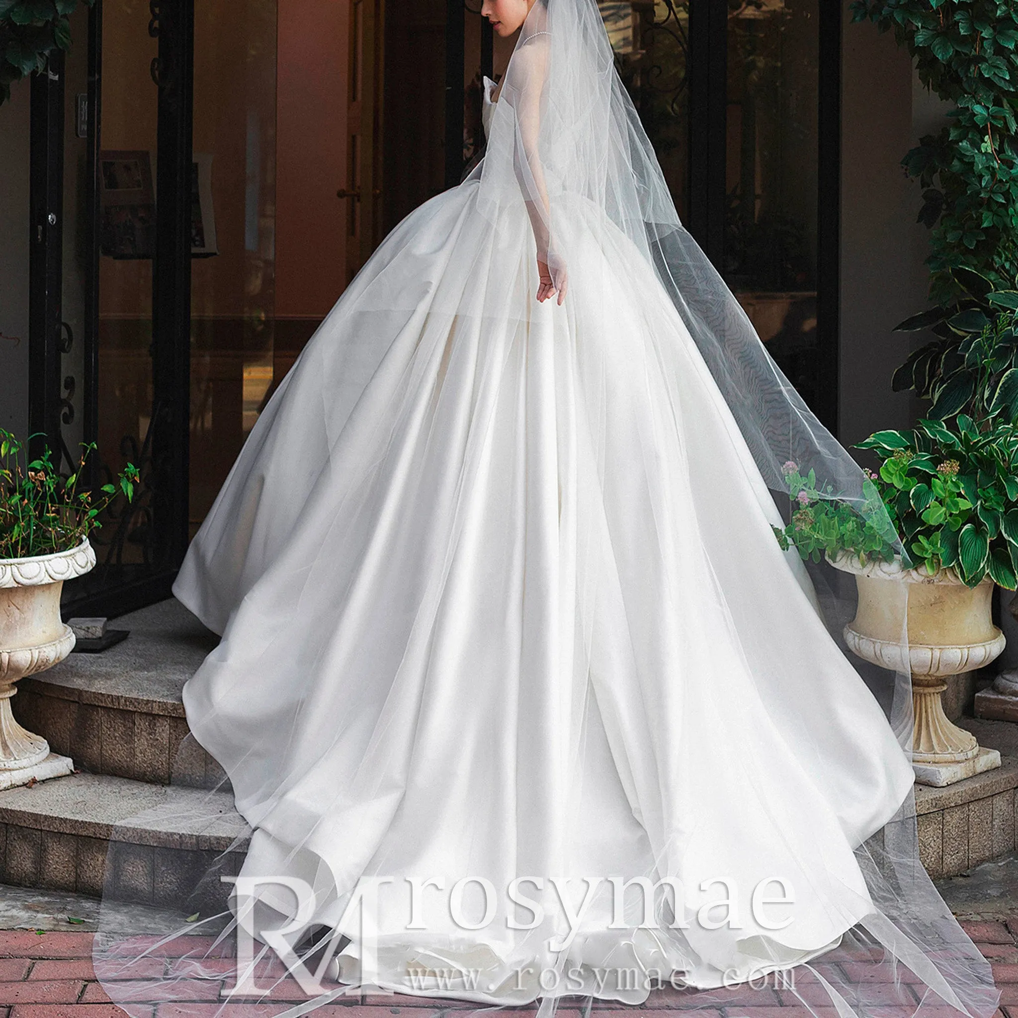 Asymmetrical Ball Gown Satin Wedding Dress with Ruched