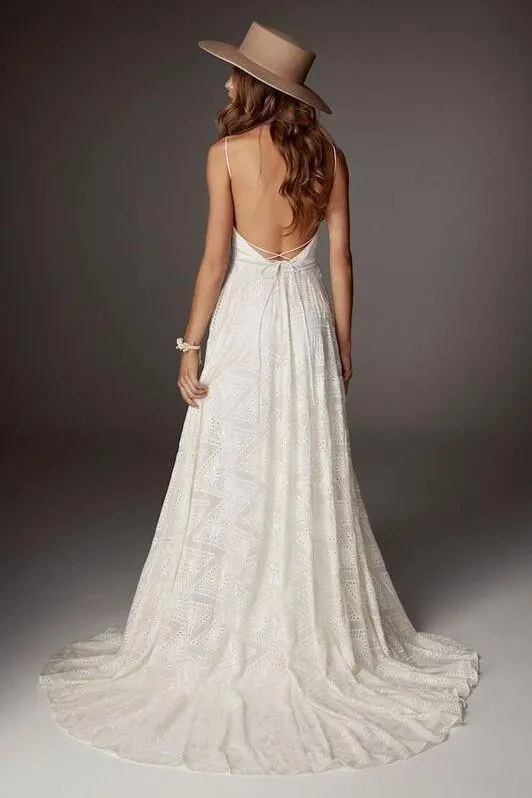 Backless Boho Lace Wedding Dress with V-neckline