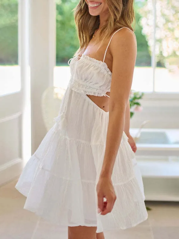 Backless Mini Dress with Lace Detail and Ruched Bodice