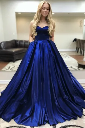 Backless Sweetheart Royal Blue Prom Ball Gown Dress with Pockets