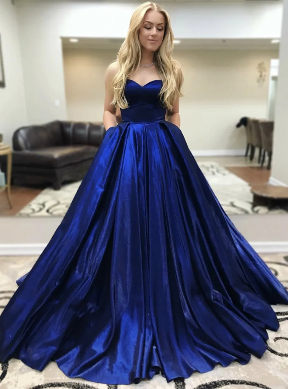Backless Sweetheart Royal Blue Prom Ball Gown Dress with Pockets