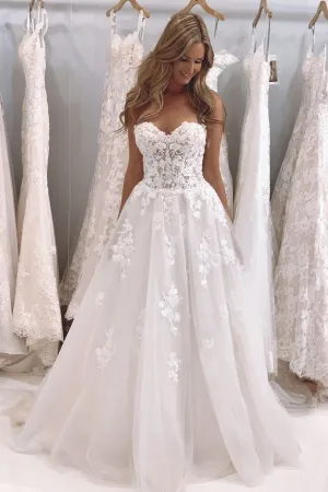 Backless Tulle Appliques Bride Dresses with Strapless Corset