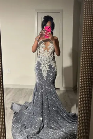 Ballbella Silver Grey Sequins Prom Dress Mermaid With Beads