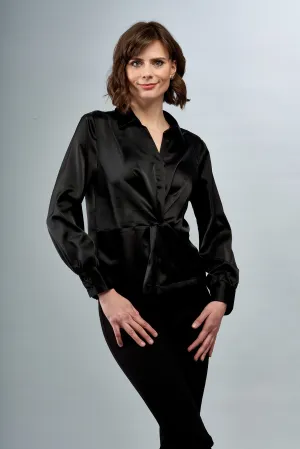 BCT7287B Satin Long Sleeve Blouse with French Knot in Black