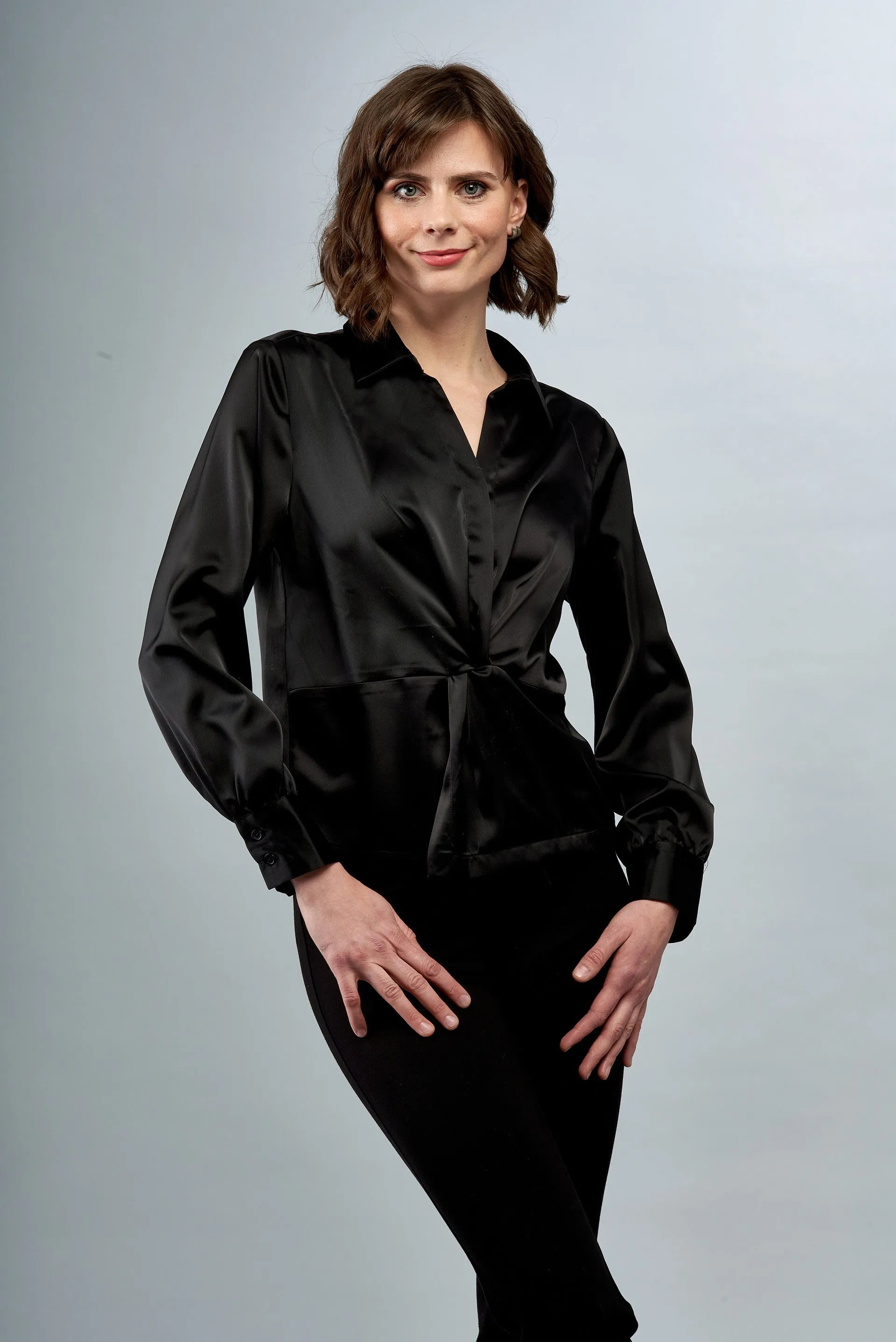 BCT7287B Satin Long Sleeve Blouse with French Knot in Black
