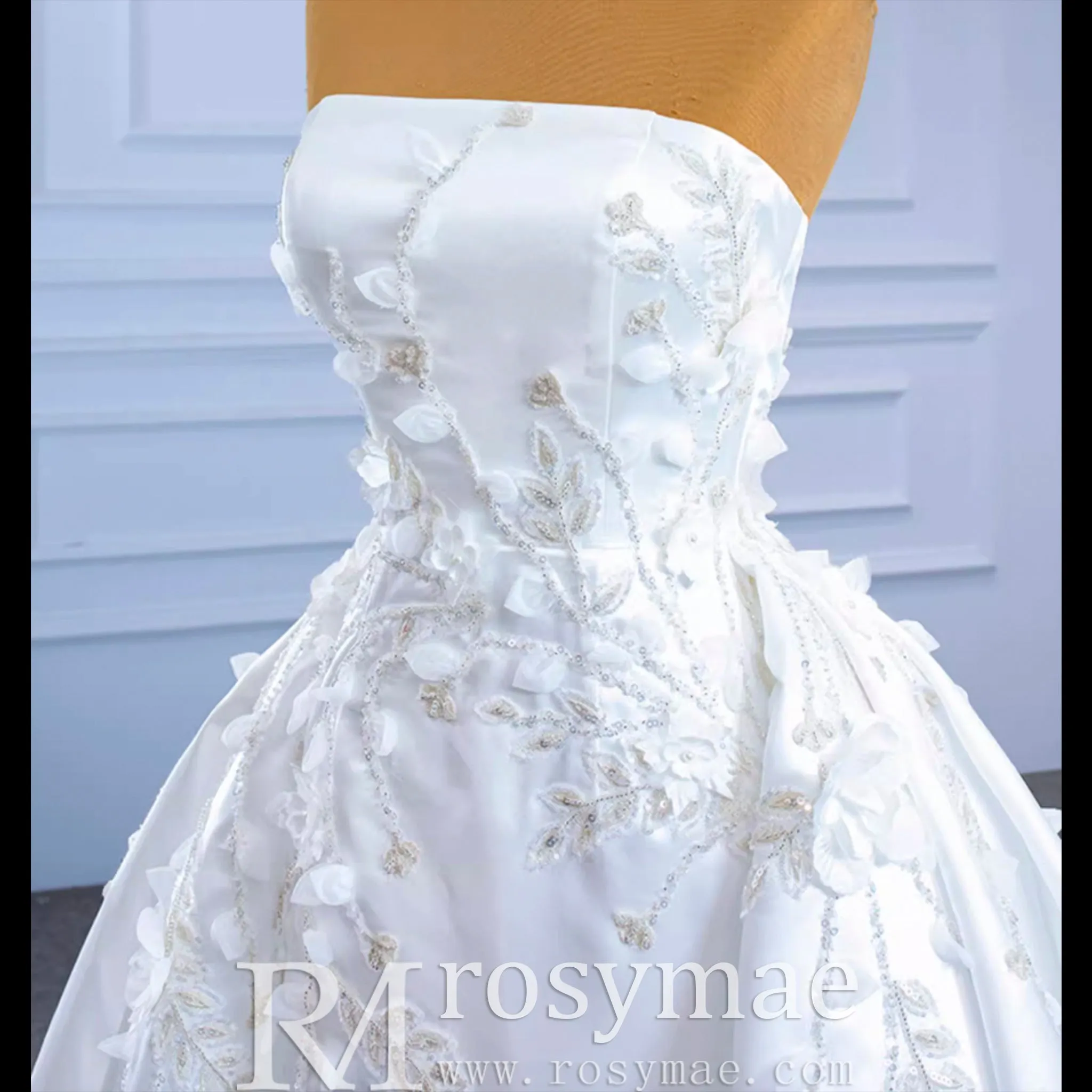 Beaded Handmade Flower Satin Strapless Wedding Dress