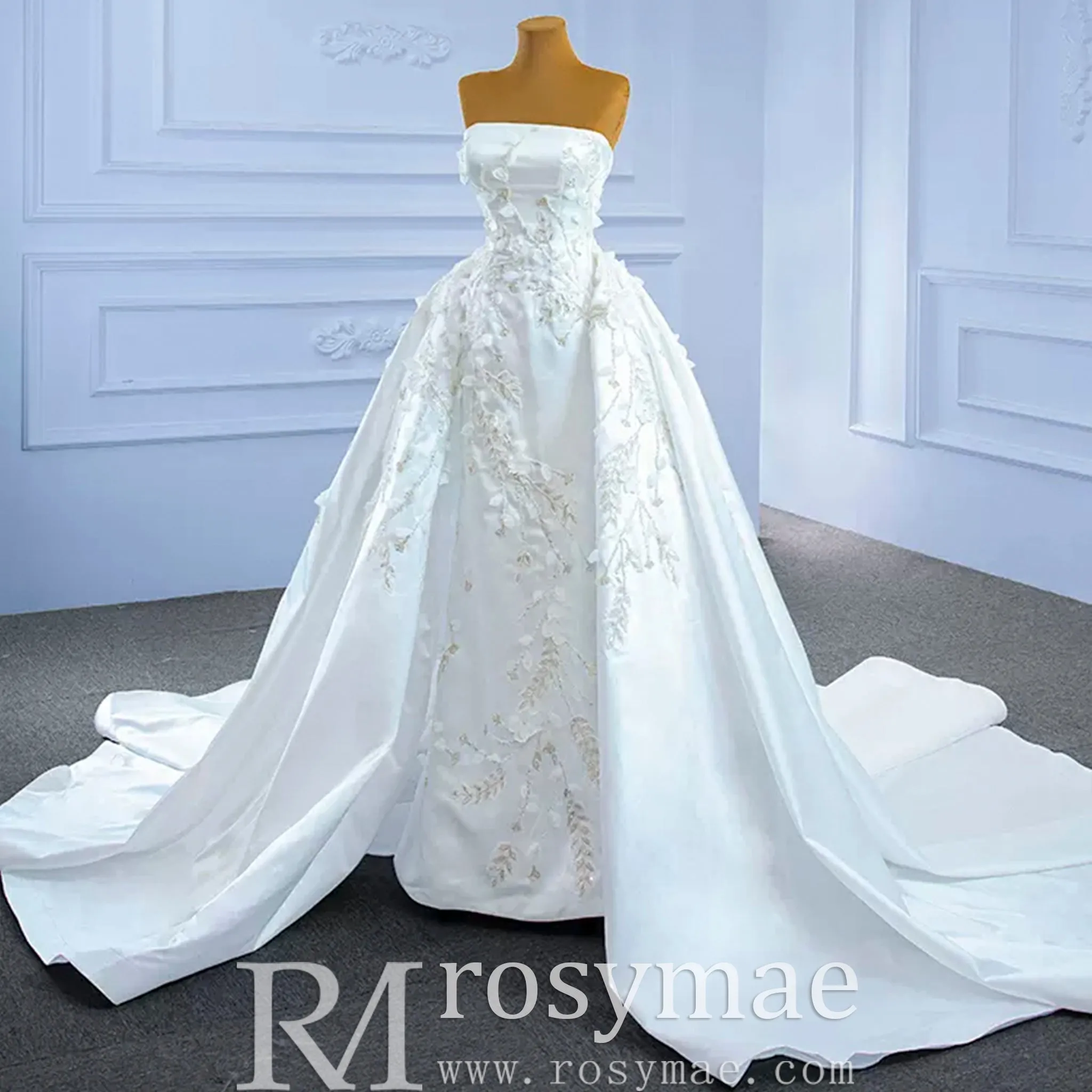 Beaded Handmade Flower Satin Strapless Wedding Dress