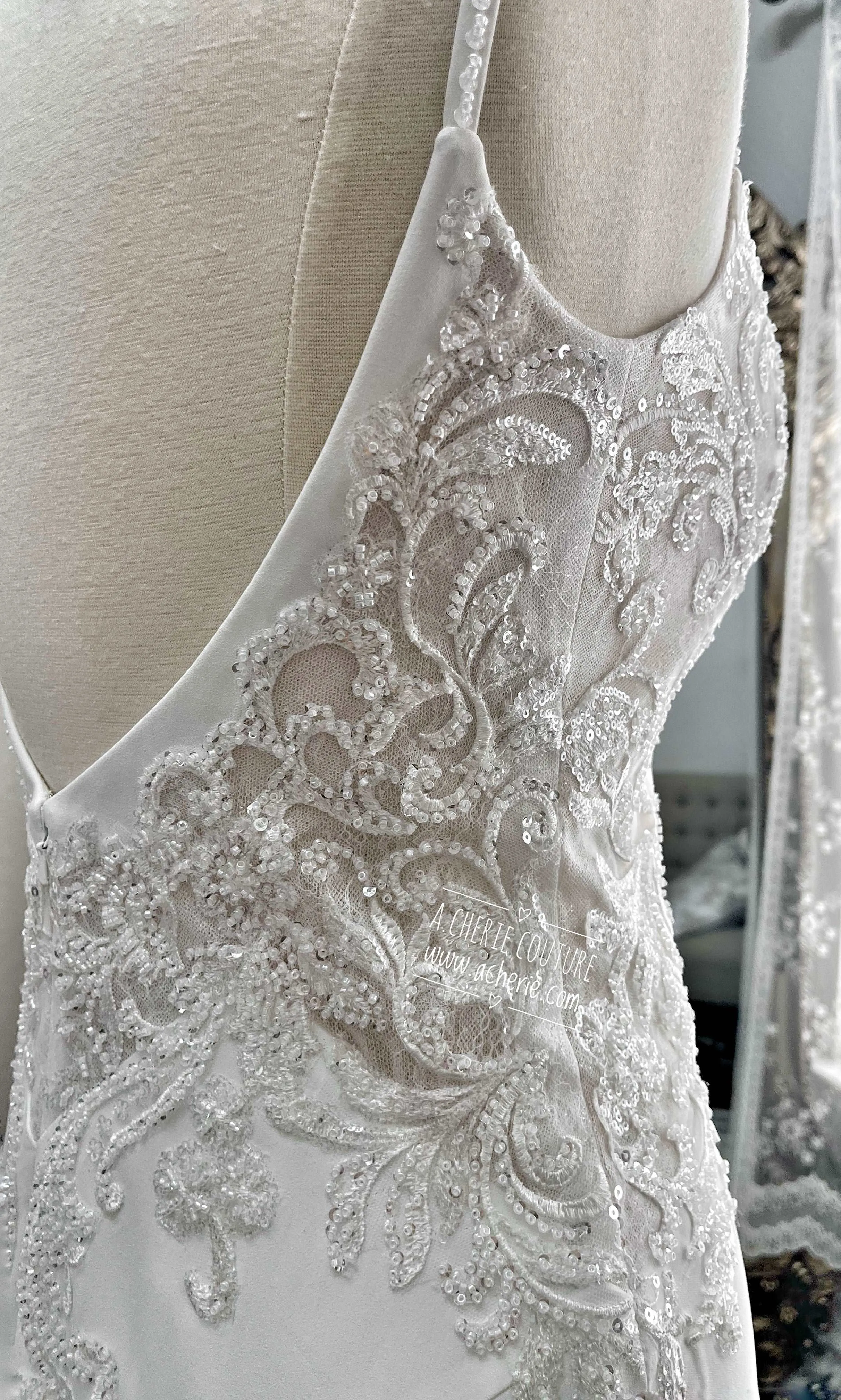 Beaded Low Back Crepe Fit & Flare Wedding Dress Alaina