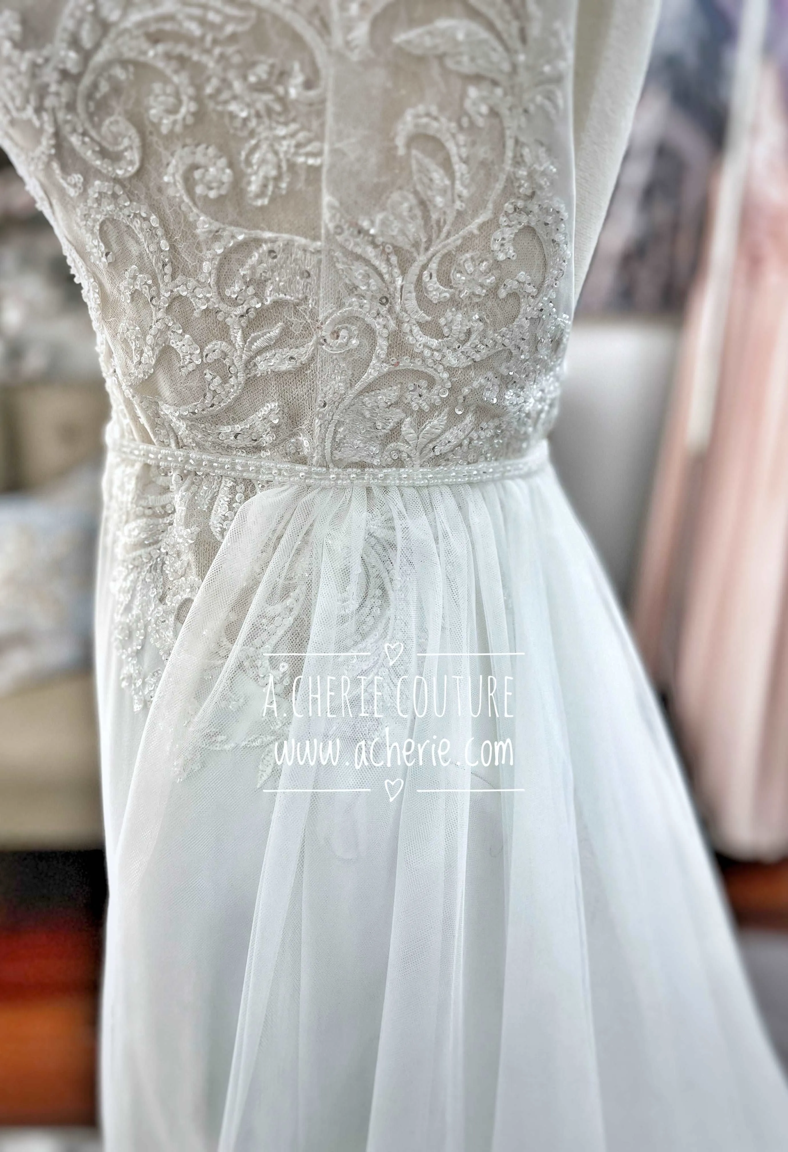 Beaded Low Back Crepe Fit & Flare Wedding Dress Alaina