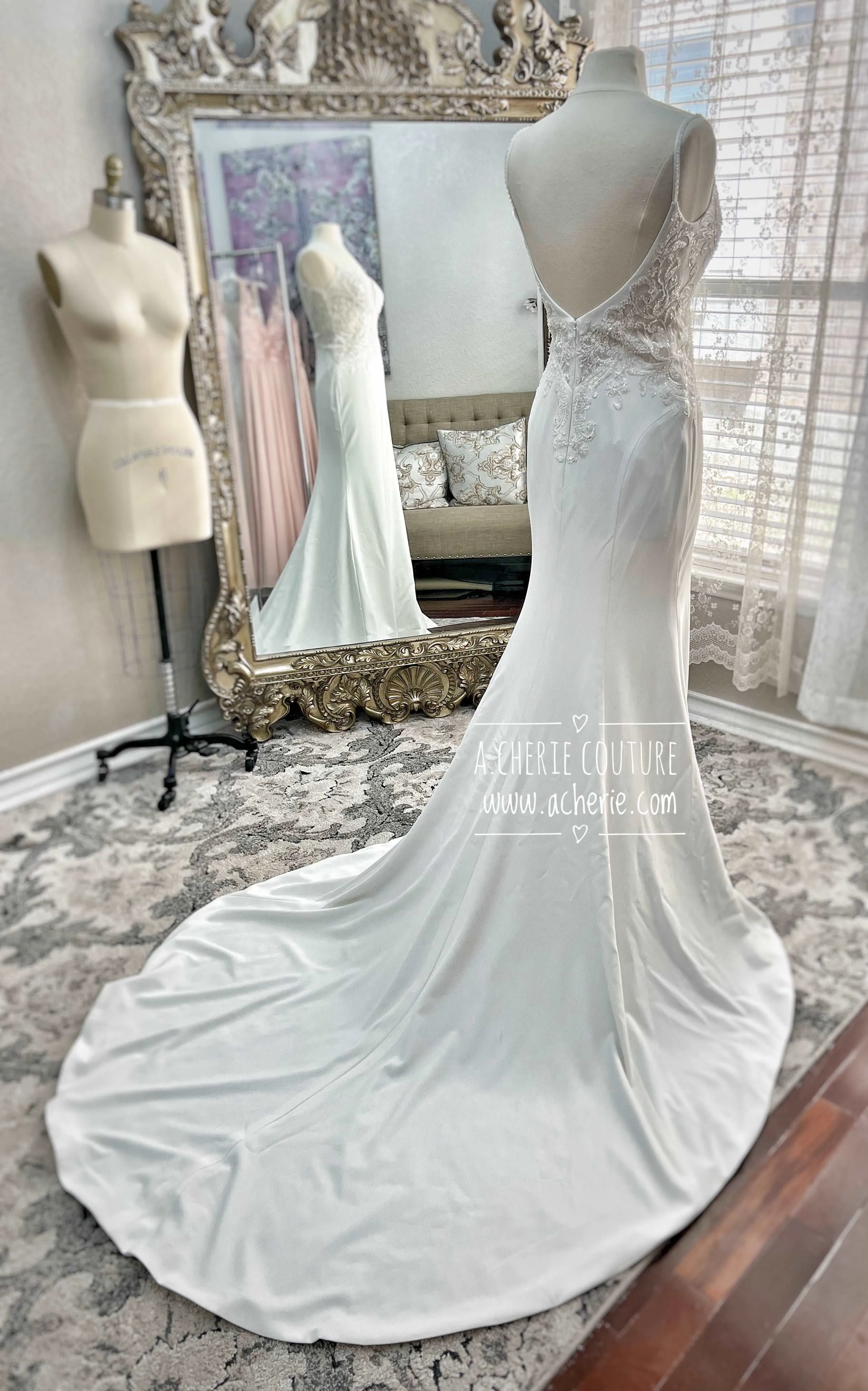 Beaded Low Back Crepe Fit & Flare Wedding Dress Alaina