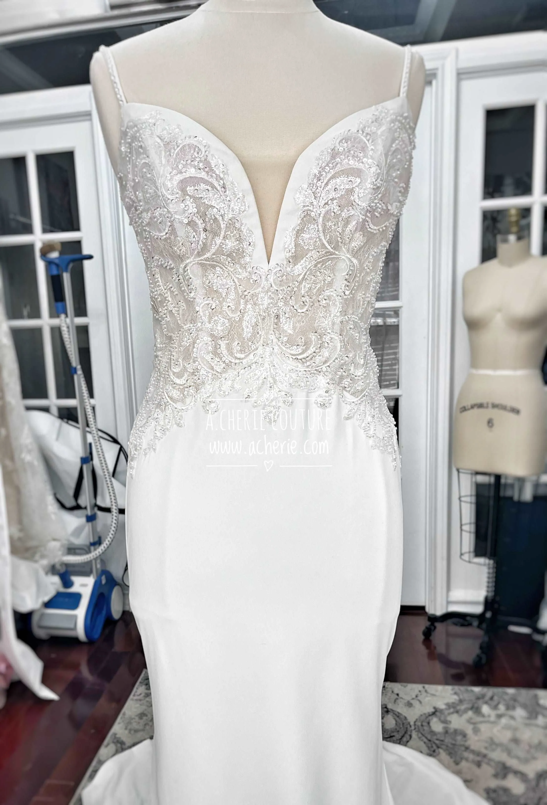 Beaded Low Back Crepe Fit & Flare Wedding Dress Alaina