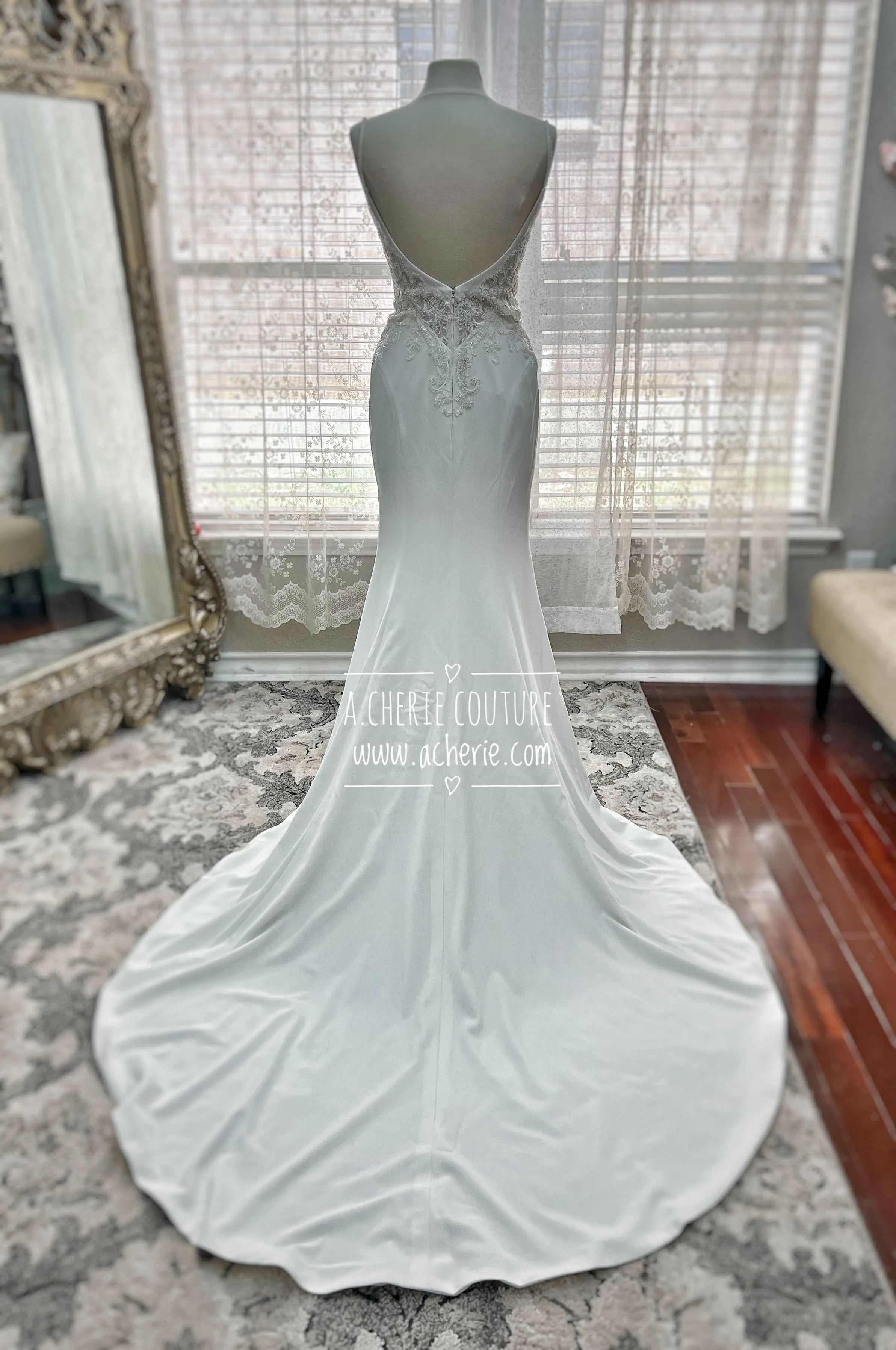 Beaded Low Back Crepe Fit & Flare Wedding Dress Alaina