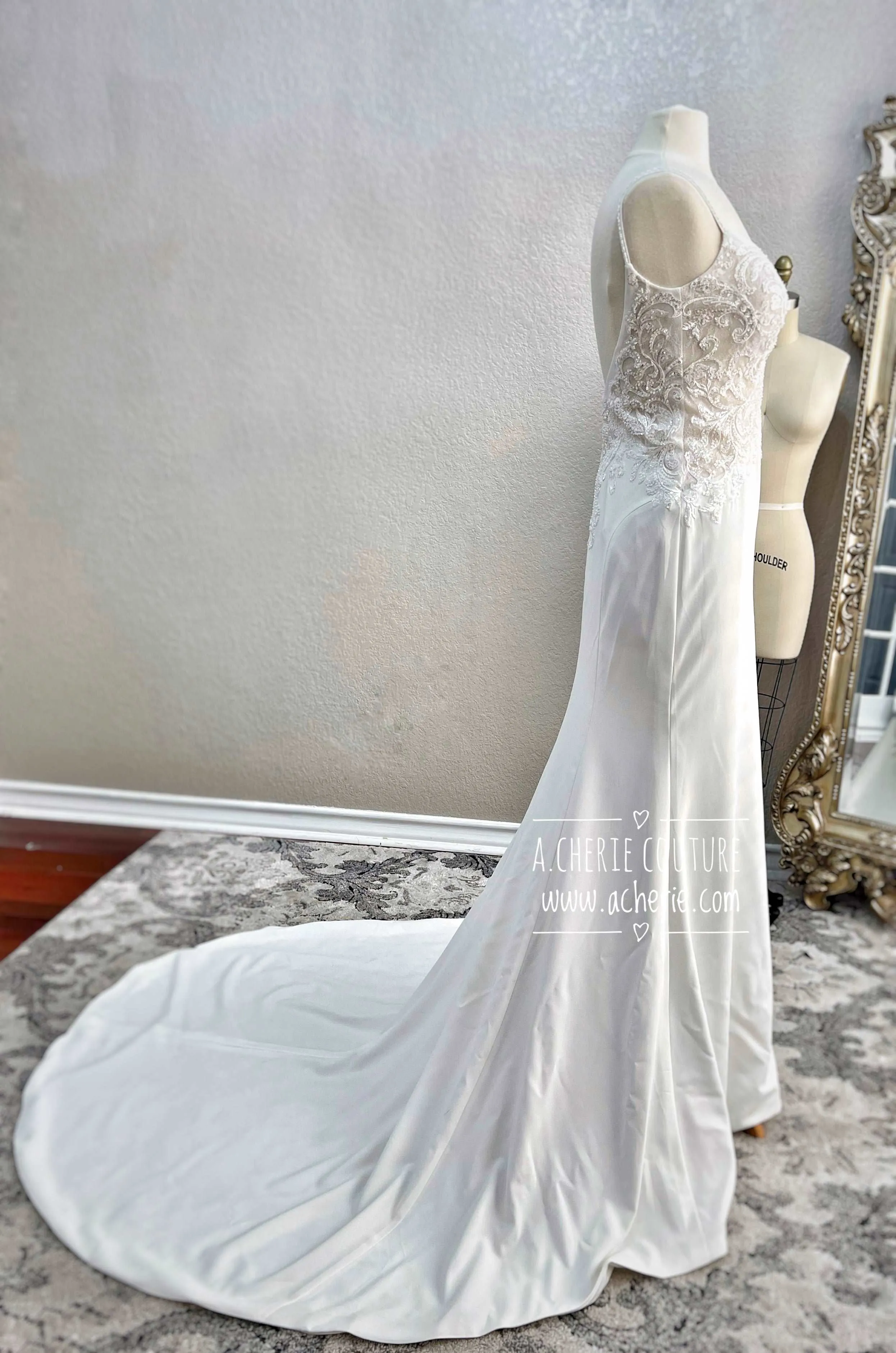 Beaded Low Back Crepe Fit & Flare Wedding Dress Alaina