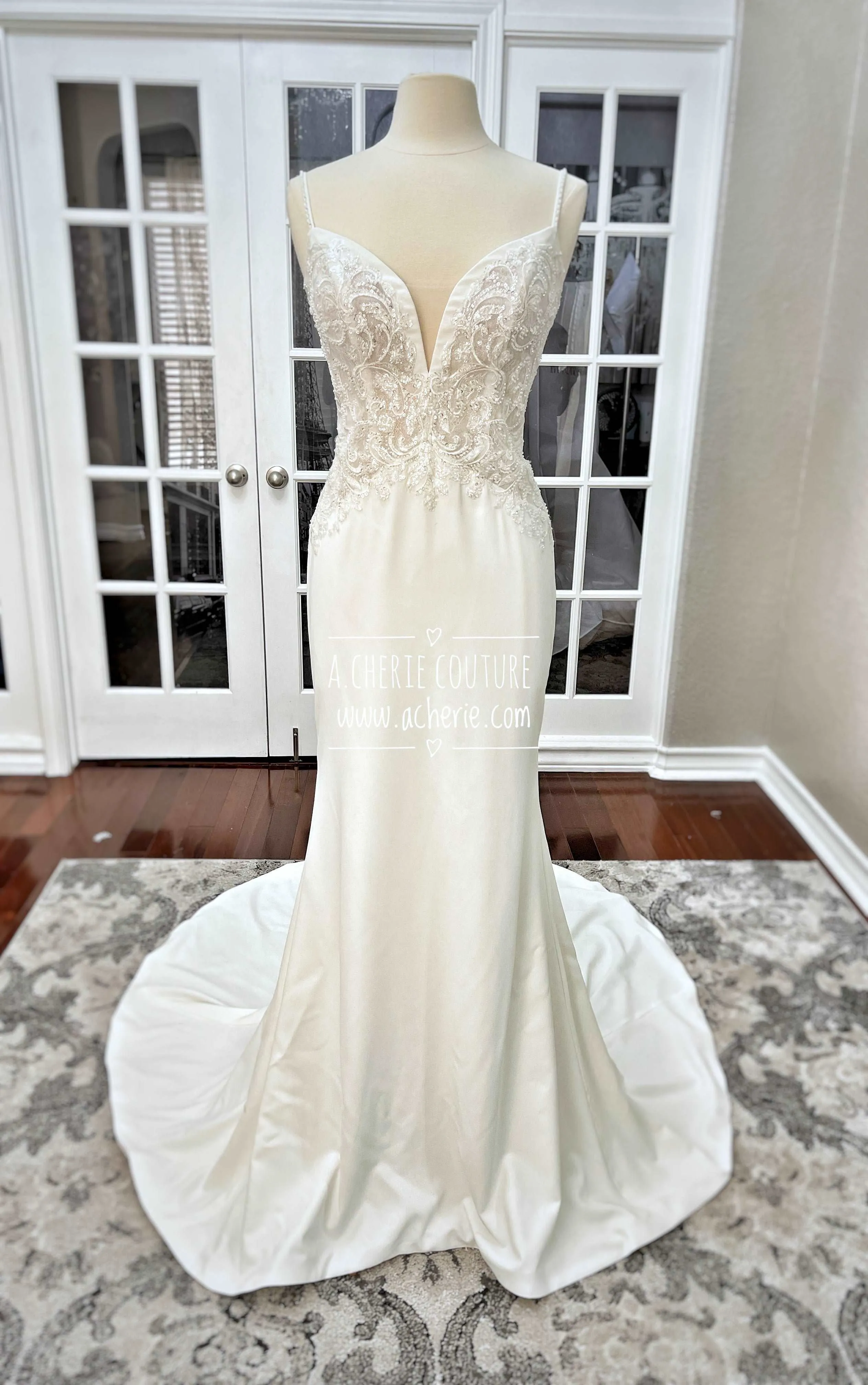 Beaded Low Back Crepe Fit & Flare Wedding Dress Alaina