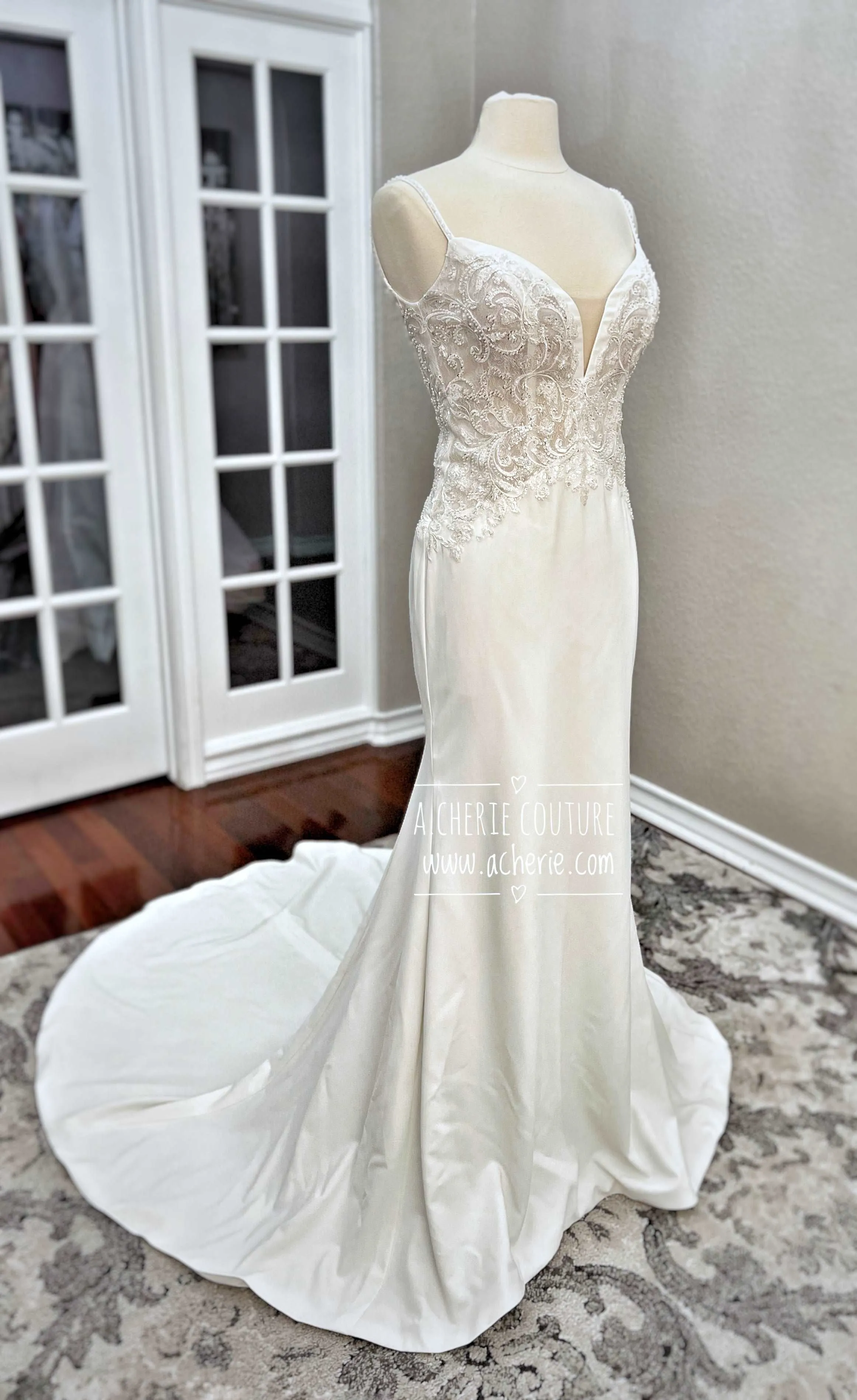 Beaded Low Back Crepe Fit & Flare Wedding Dress Alaina