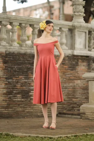 BEATRIZ Off Shoulder Midi Dress with Pockets (Rust Linen)