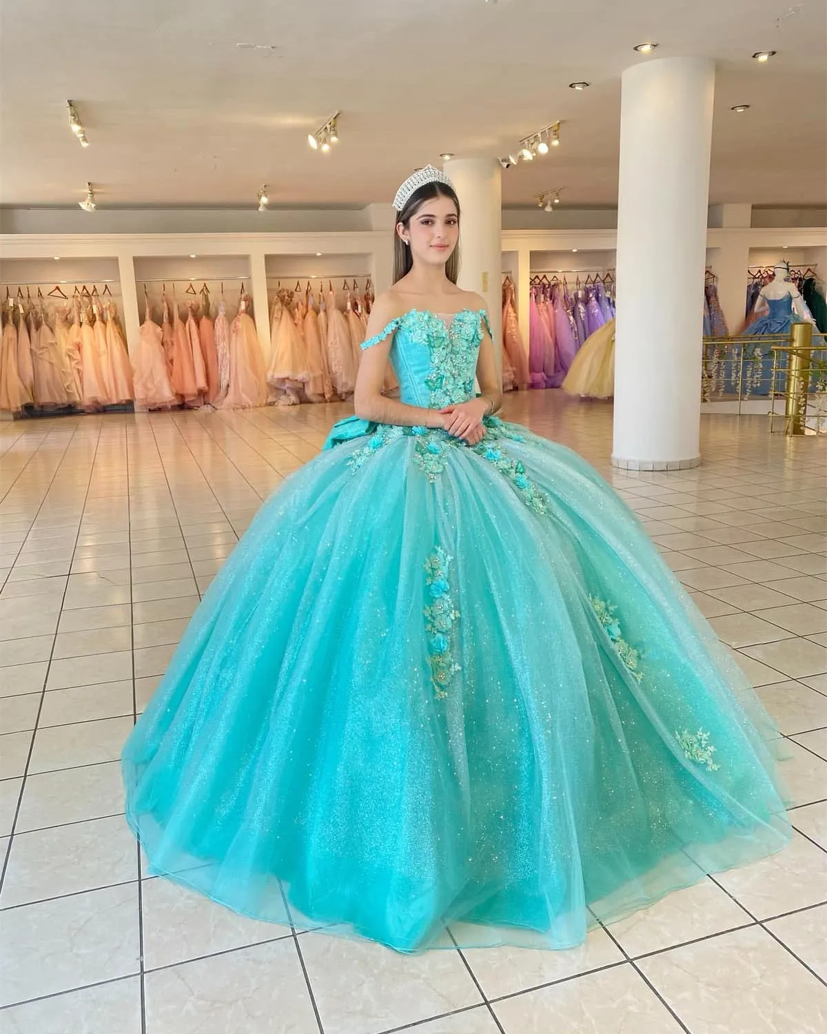 Beautiful Turquoise Quinceanera Dress with Big Bow 3D Lace Floral Sweet 16 Dresses Ball Gown Tulle vestidos de quinceañera