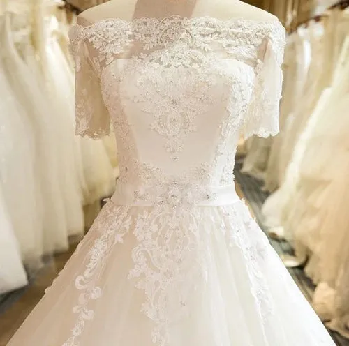 Beautiful Wedding Dresses Off-the-shoulder Ball Gown Lace Ivory Bridal Gown,MW453