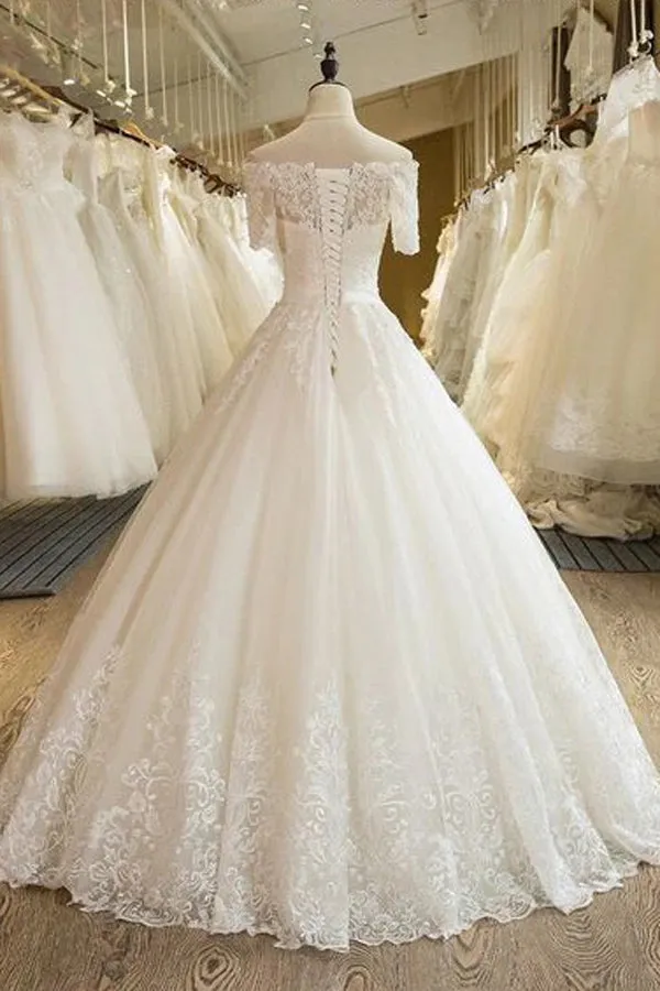 Beautiful Wedding Dresses Off-the-shoulder Ball Gown Lace Ivory Bridal Gown,MW453