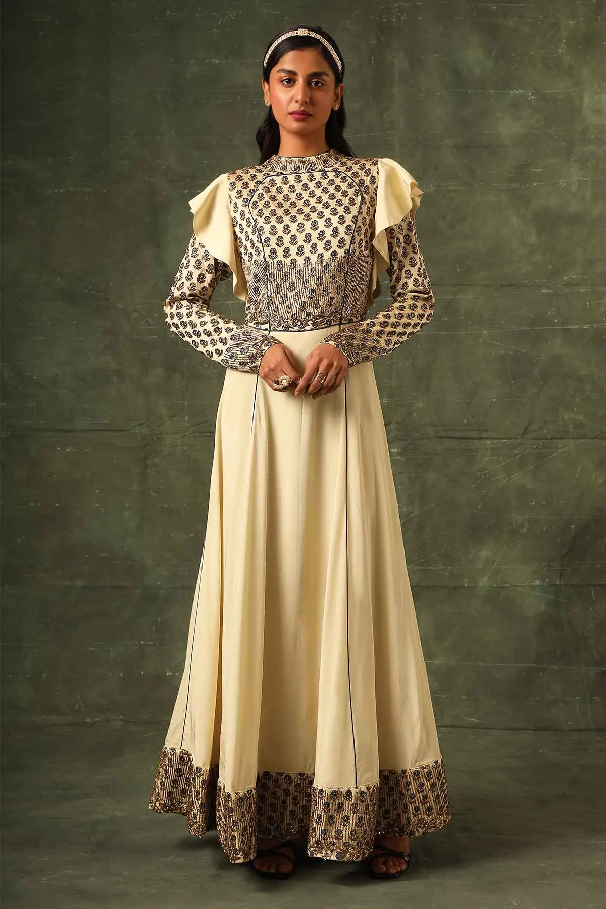Beige Cutdana Work A-Line Gown
