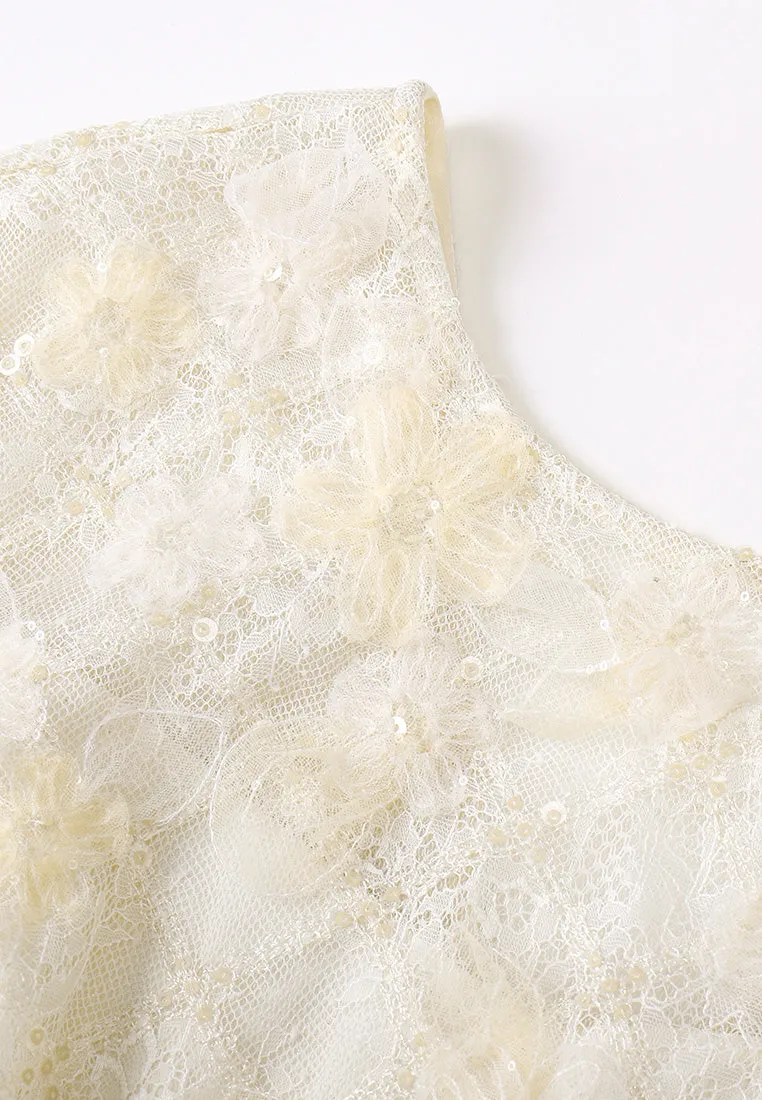 Beige Lace Evening Dress with Belt