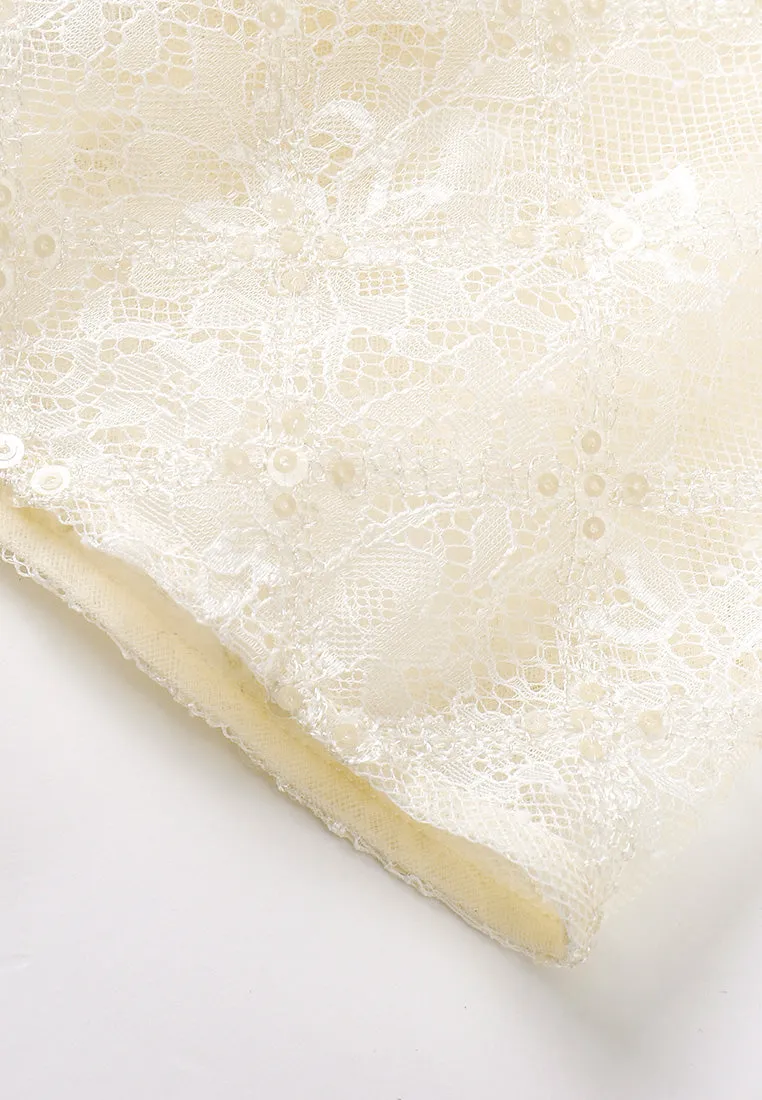 Beige Lace Evening Dress with Belt