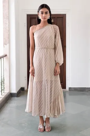 Beige One Shoulder Lace Dress