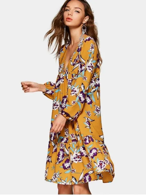 BerryBetty - Chic Plunging Neck Empire Waist Floral Print Dress