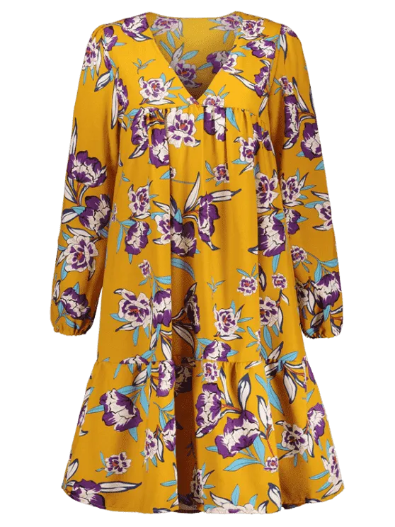 BerryBetty - Chic Plunging Neck Empire Waist Floral Print Dress