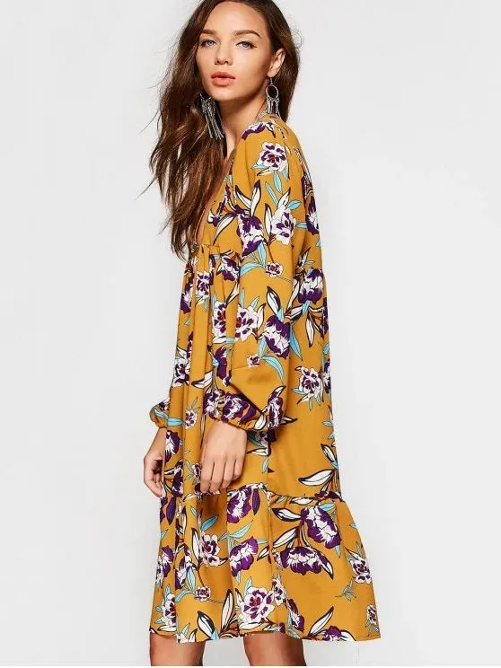 BerryBetty - Chic Plunging Neck Empire Waist Floral Print Dress