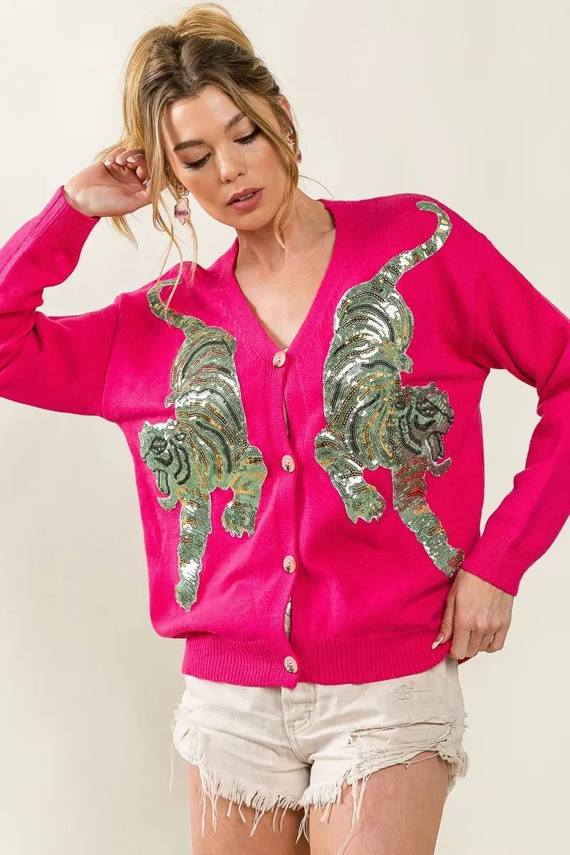 BiBi Front Tiger Sequin Patch V-neck Sweater Cardigan