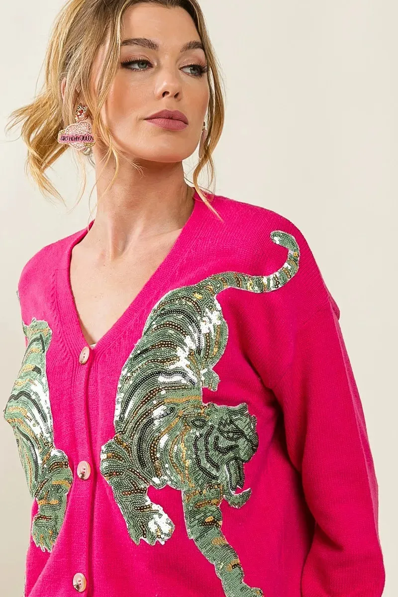 BiBi Front Tiger Sequin Patch V-neck Sweater Cardigan