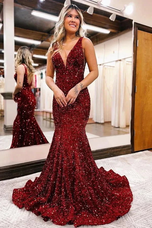 Black 2025 V Neck Prom Dresses Sequins Long UK Evening Dress Mermaid