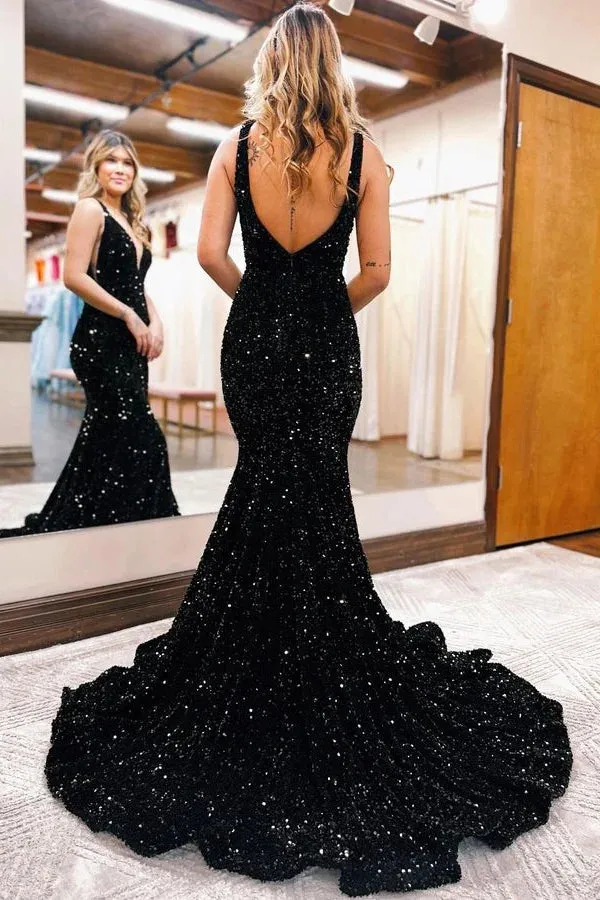 Black 2025 V Neck Prom Dresses Sequins Long UK Evening Dress Mermaid