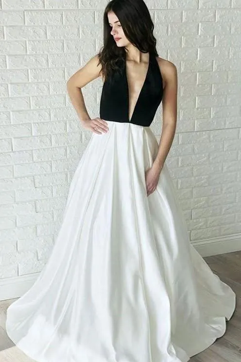 Black and White Wedding Dresses with Halter Neckline