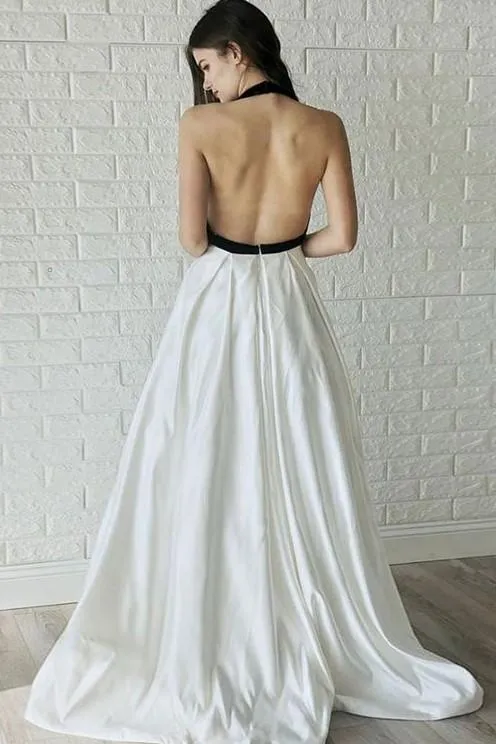 Black and White Wedding Dresses with Halter Neckline